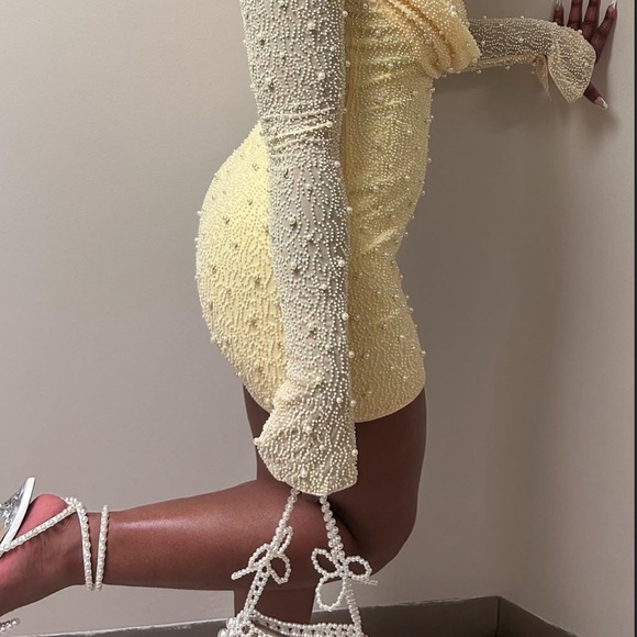 Oh Polly Yellow Beaded Cowl Neck Long Sleeve Mini Dress - Picture 2 of 3